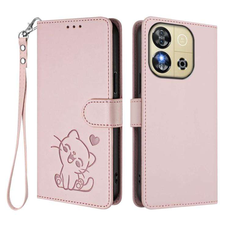 For Oukitel C57S / C57 Pro / Blu J12 Embossed Heart Cat Leather Phone Case with Hand Strap(Pink)