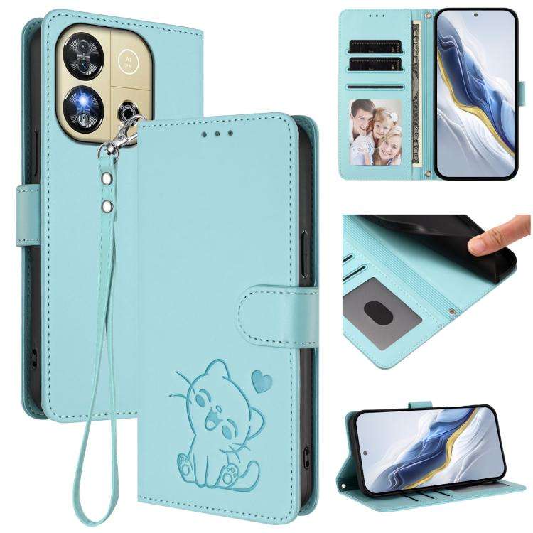 For Oukitel C57S / C57 Pro / Blu J12 Embossed Heart Cat Leather Phone Case with Hand Strap(Mint G...