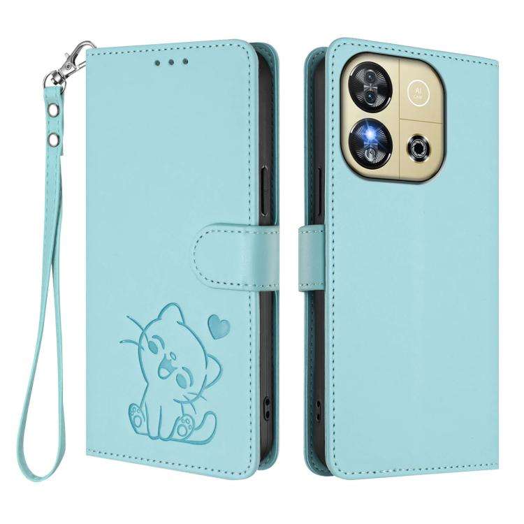 For Oukitel C57S / C57 Pro / Blu J12 Embossed Heart Cat Leather Phone Case with Hand Strap(Mint G...