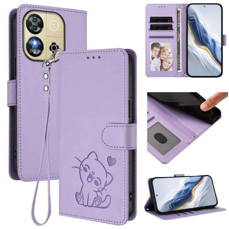 For Oukitel C57S / C57 Pro / Blu J12 Embossed Heart Cat Leather Phone Case with Hand Strap(Light ...