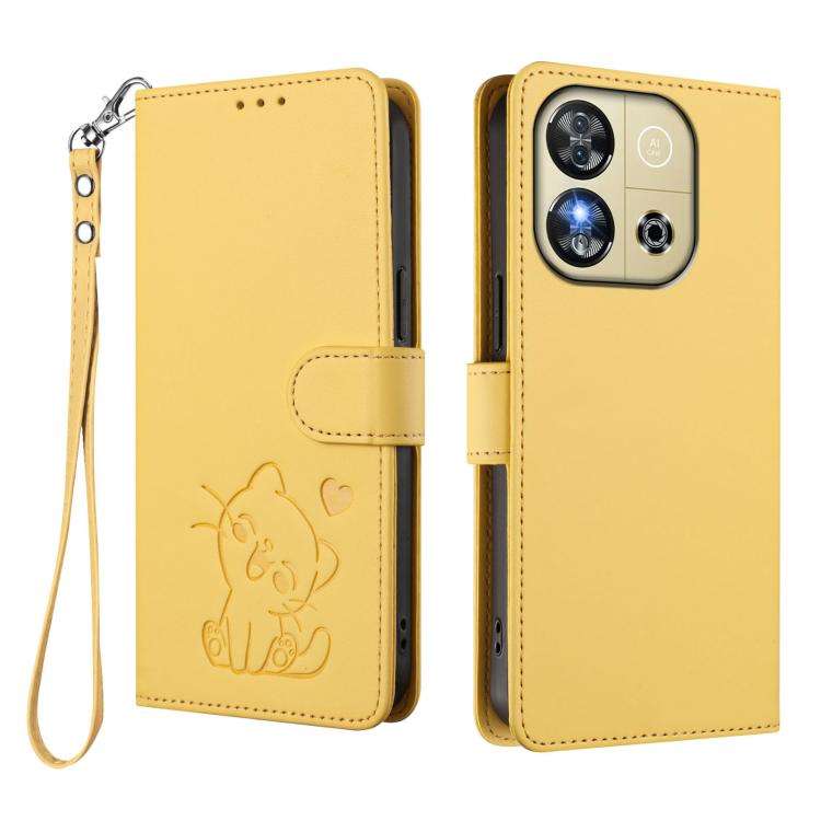 For Oukitel C57S / C57 Pro / Blu J12 Embossed Heart Cat Leather Phone Case with Hand Strap(Yellow)