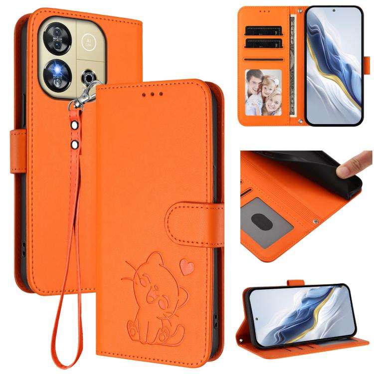 For Oukitel C57S / C57 Pro / Blu J12 Embossed Heart Cat Leather Phone Case with Hand Strap(Orange)