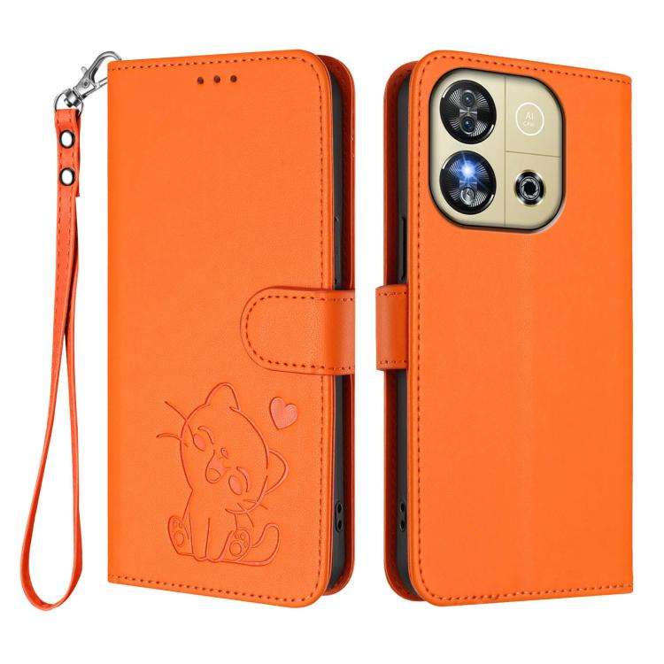 For Oukitel C57S / C57 Pro / Blu J12 Embossed Heart Cat Leather Phone Case with Hand Strap(Orange)
