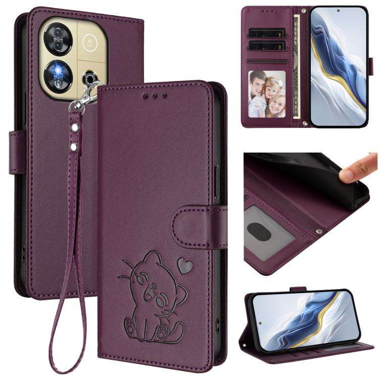 For Oukitel C57S / C57 Pro / Blu J12 Embossed Heart Cat Leather Phone Case with Hand Strap(Dark P...