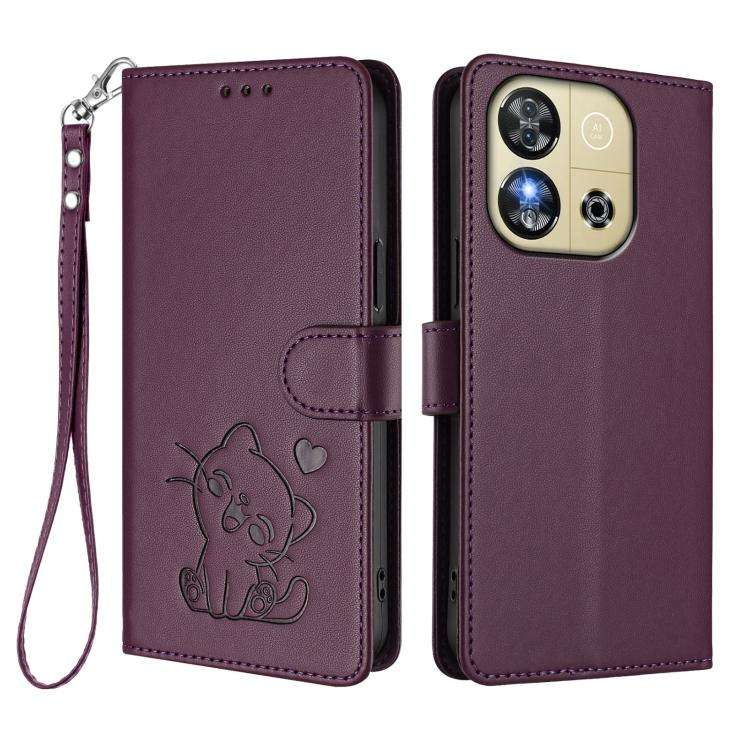 For Oukitel C57S / C57 Pro / Blu J12 Embossed Heart Cat Leather Phone Case with Hand Strap(Dark P...