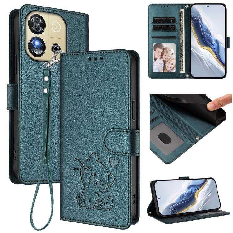 For Oukitel C57S / C57 Pro / Blu J12 Embossed Heart Cat Leather Phone Case with Hand Strap(Dark G...