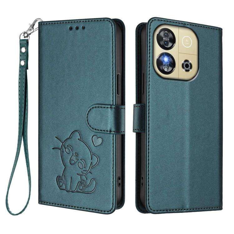 For Oukitel C57S / C57 Pro / Blu J12 Embossed Heart Cat Leather Phone Case with Hand Strap(Dark G...