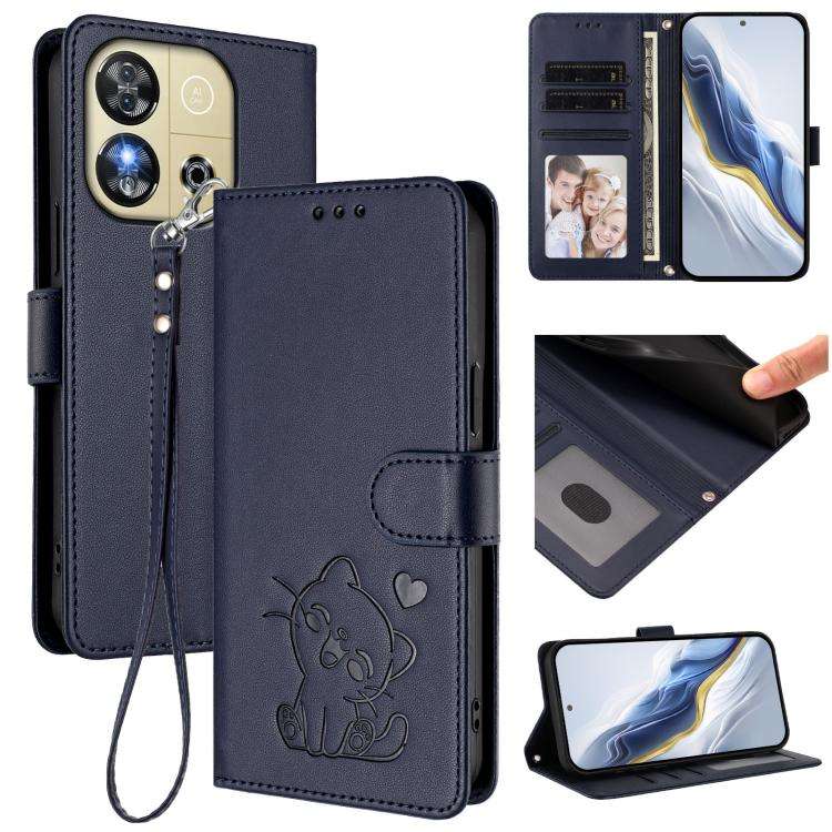 For Oukitel C57S / C57 Pro / Blu J12 Embossed Heart Cat Leather Phone Case with Hand Strap(Blue)