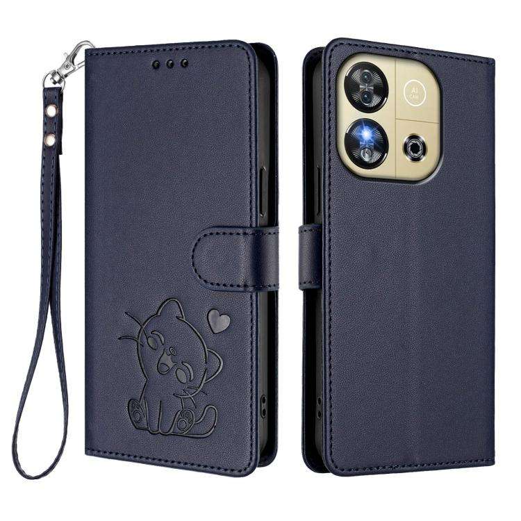 For Oukitel C57S / C57 Pro / Blu J12 Embossed Heart Cat Leather Phone Case with Hand Strap(Blue)