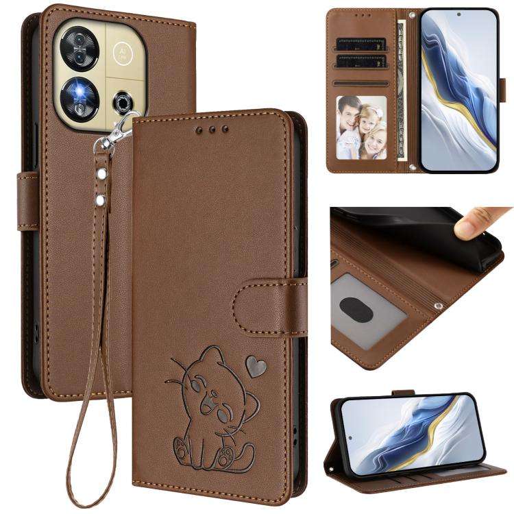 For Oukitel C57S / C57 Pro / Blu J12 Embossed Heart Cat Leather Phone Case with Hand Strap(Brown)