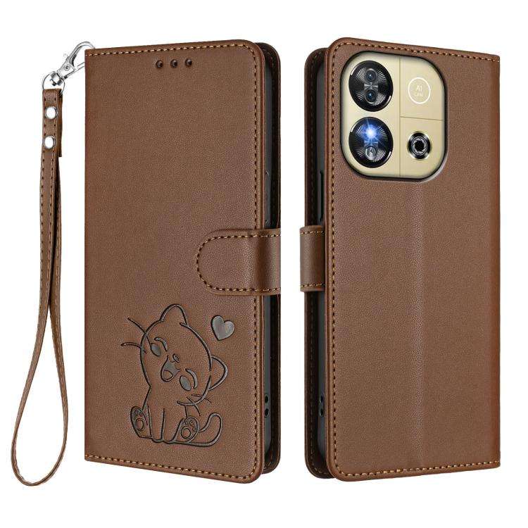 For Oukitel C57S / C57 Pro / Blu J12 Embossed Heart Cat Leather Phone Case with Hand Strap(Brown)