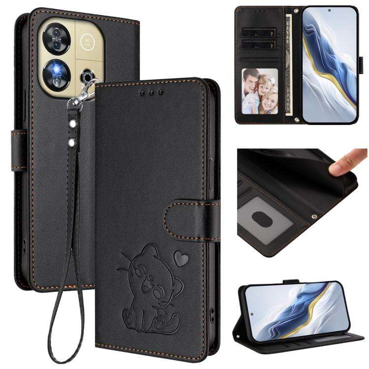 For Oukitel C57S / C57 Pro / Blu J12 Embossed Heart Cat Leather Phone Case with Hand Strap(Black)