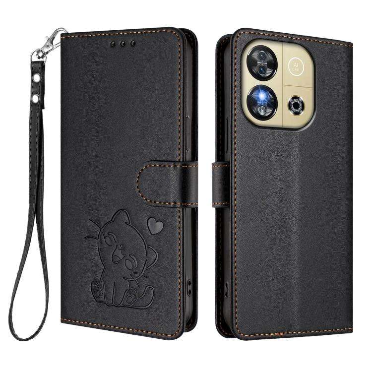 For Oukitel C57S / C57 Pro / Blu J12 Embossed Heart Cat Leather Phone Case with Hand Strap(Black)