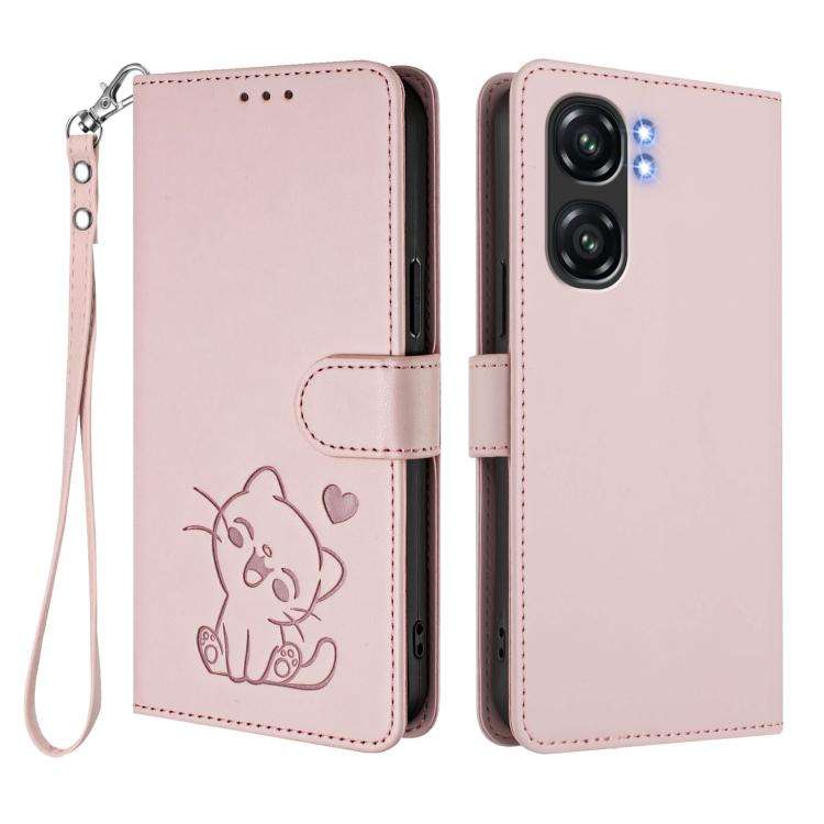 For Oukitel C58 / C58 Pro Embossed Heart Cat Leather Phone Case with Hand Strap(Pink)