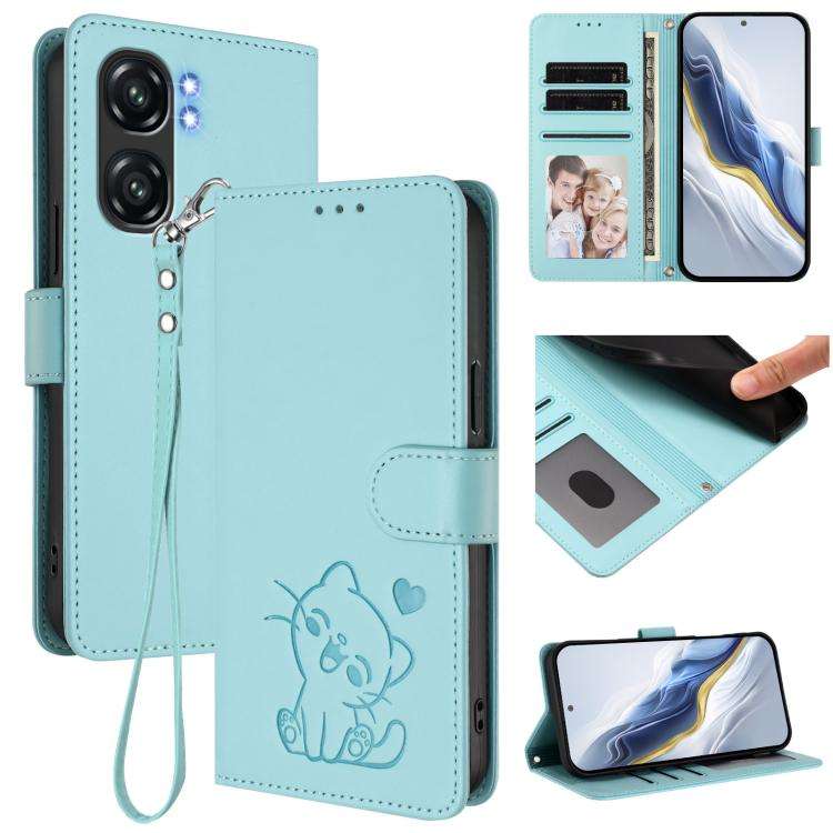 For Oukitel C58 / C58 Pro Embossed Heart Cat Leather Phone Case with Hand Strap(Mint Green)