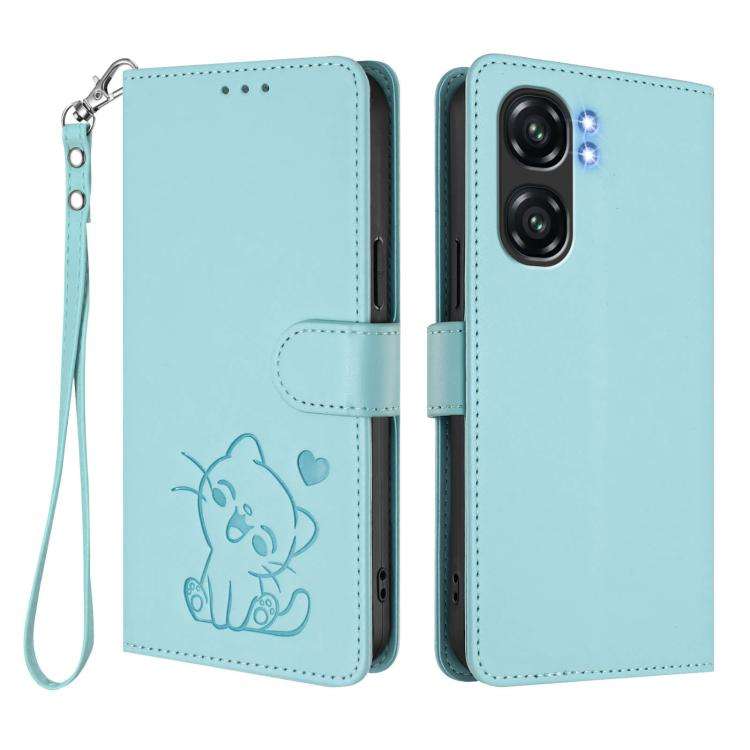 For Oukitel C58 / C58 Pro Embossed Heart Cat Leather Phone Case with Hand Strap(Mint Green)