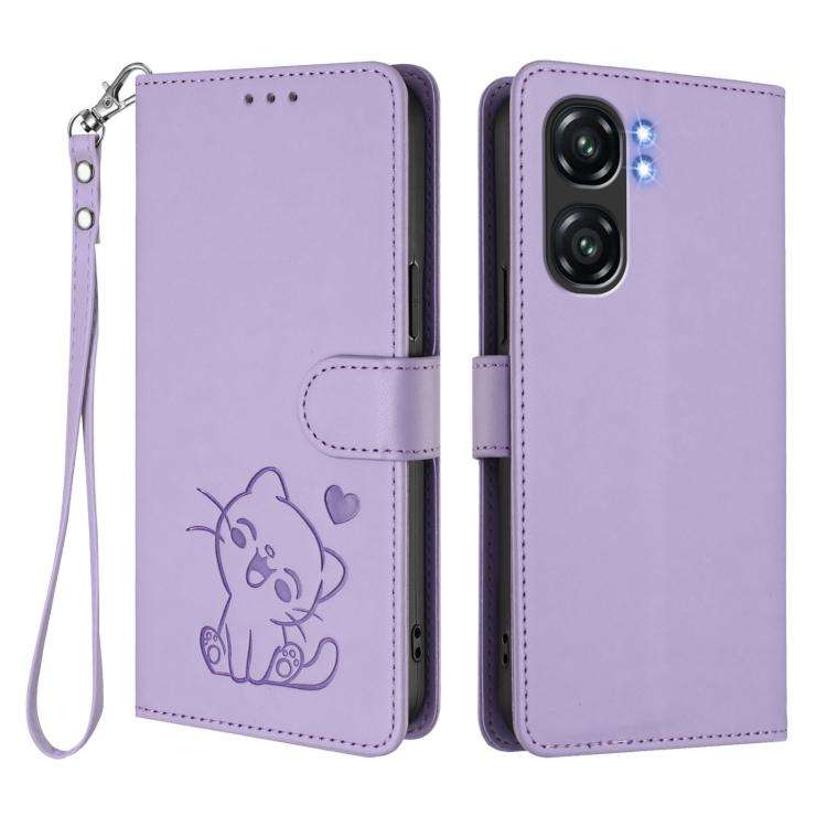 For Oukitel C58 / C58 Pro Embossed Heart Cat Leather Phone Case with Hand Strap(Light Purple)