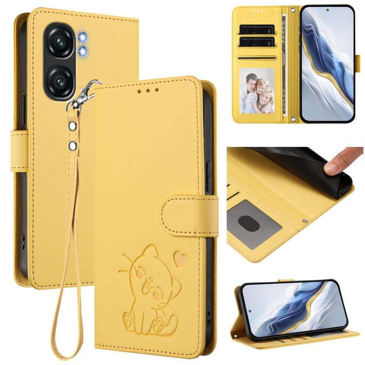 For Oukitel C58 / C58 Pro Embossed Heart Cat Leather Phone Case with Hand Strap(Yellow)