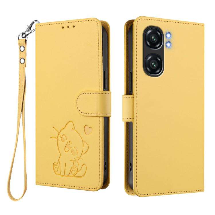 For Oukitel C58 / C58 Pro Embossed Heart Cat Leather Phone Case with Hand Strap(Yellow)