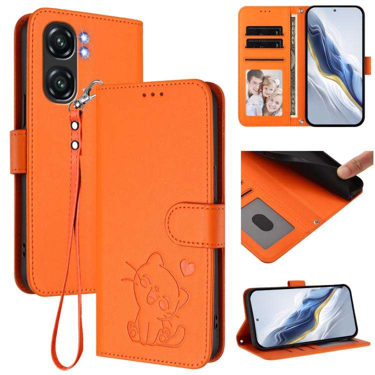 For Oukitel C58 / C58 Pro Embossed Heart Cat Leather Phone Case with Hand Strap(Orange)