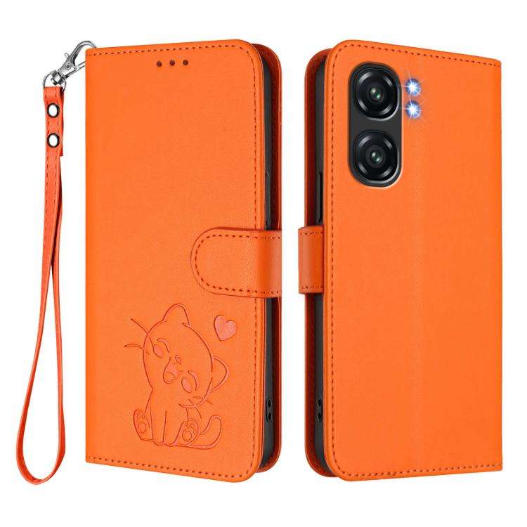 For Oukitel C58 / C58 Pro Embossed Heart Cat Leather Phone Case with Hand Strap(Orange)