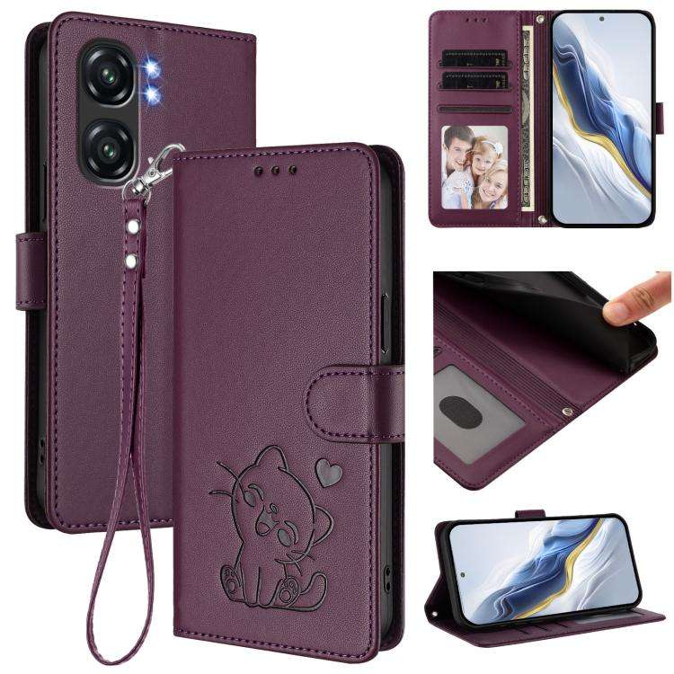 For Oukitel C58 / C58 Pro Embossed Heart Cat Leather Phone Case with Hand Strap(Dark Purple)