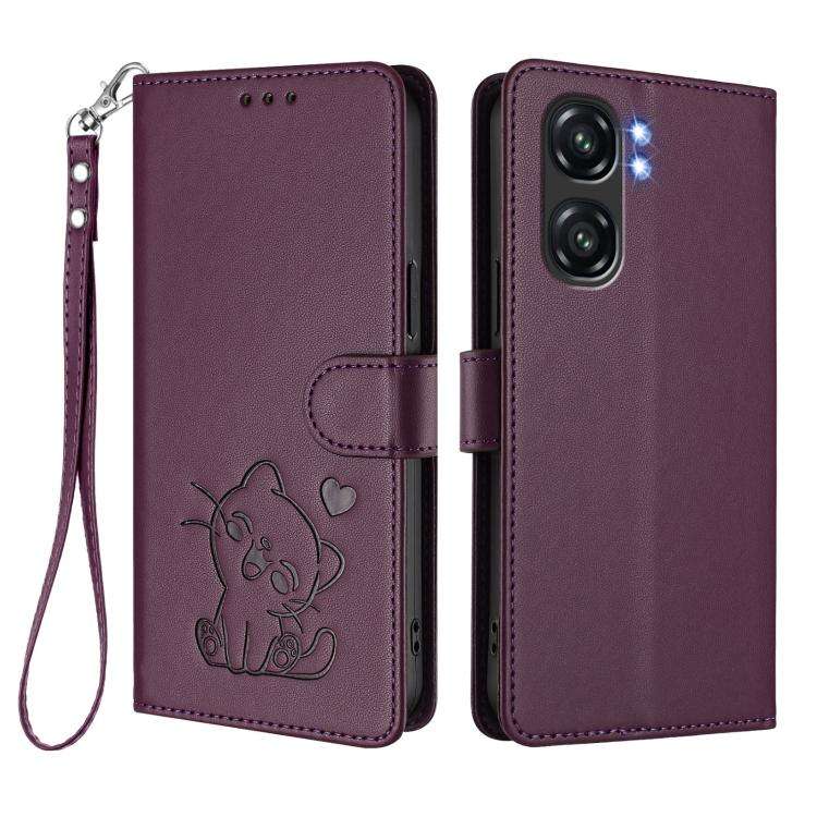For Oukitel C58 / C58 Pro Embossed Heart Cat Leather Phone Case with Hand Strap(Dark Purple)