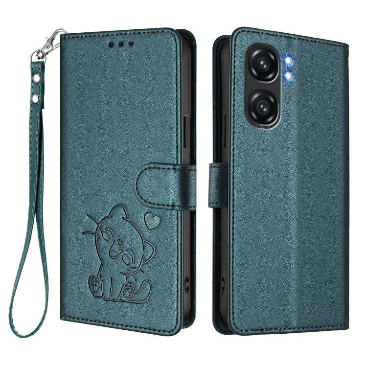 For Oukitel C58 / C58 Pro Embossed Heart Cat Leather Phone Case with Hand Strap(Dark Green)
