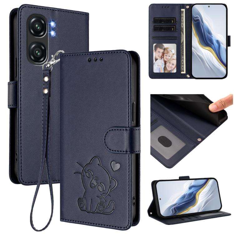 For Oukitel C58 / C58 Pro Embossed Heart Cat Leather Phone Case with Hand Strap(Blue)