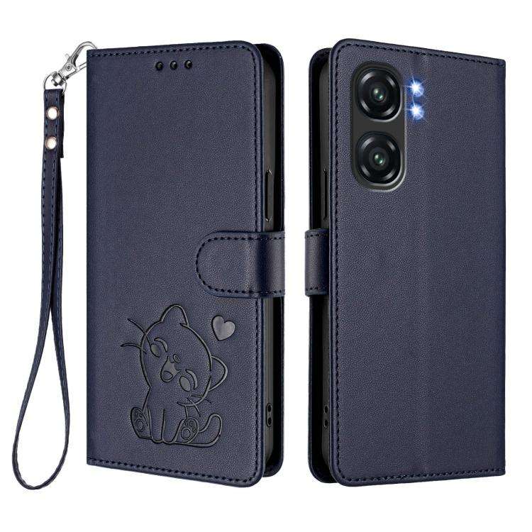 For Oukitel C58 / C58 Pro Embossed Heart Cat Leather Phone Case with Hand Strap(Blue)