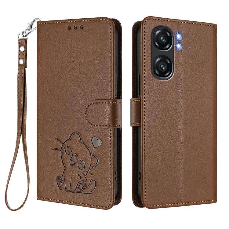 For Oukitel C58 / C58 Pro Embossed Heart Cat Leather Phone Case with Hand Strap(Brown)