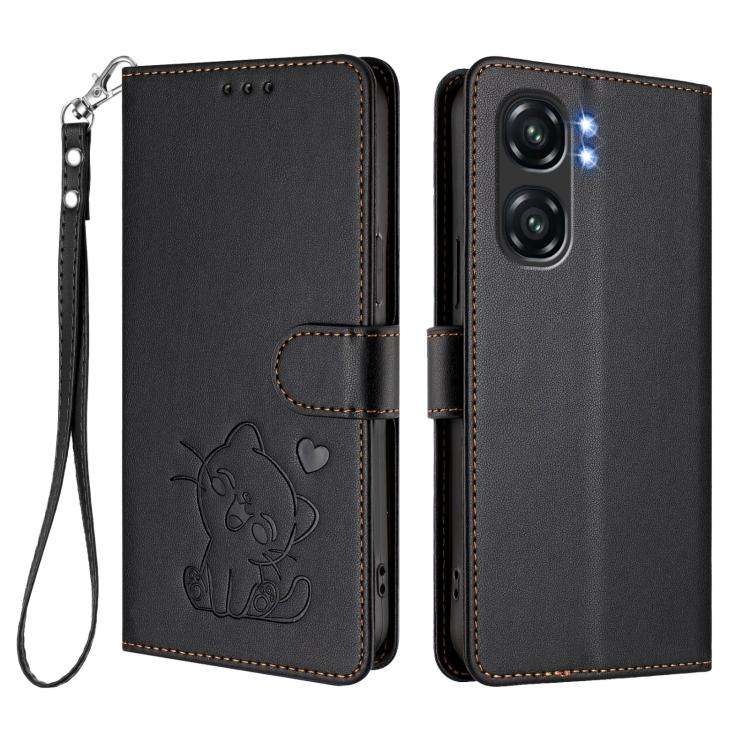 For Oukitel C58 / C58 Pro Embossed Heart Cat Leather Phone Case with Hand Strap(Black)