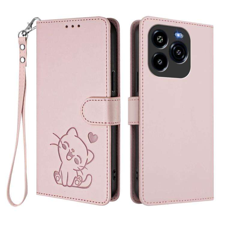 For Oukitel C65 / C65 Pro Embossed Heart Cat Leather Phone Case with Hand Strap(Pink)