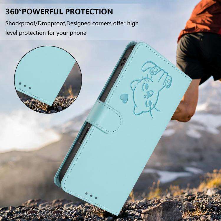 For Oukitel C65 / C65 Pro Embossed Heart Cat Leather Phone Case with Hand Strap(Mint Green)