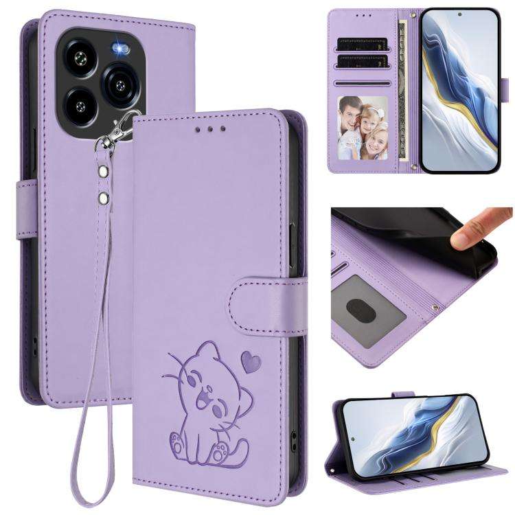 For Oukitel C65 / C65 Pro Embossed Heart Cat Leather Phone Case with Hand Strap(Light Purple)