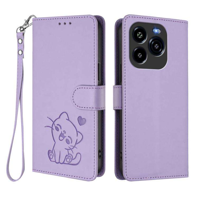 For Oukitel C65 / C65 Pro Embossed Heart Cat Leather Phone Case with Hand Strap(Light Purple)