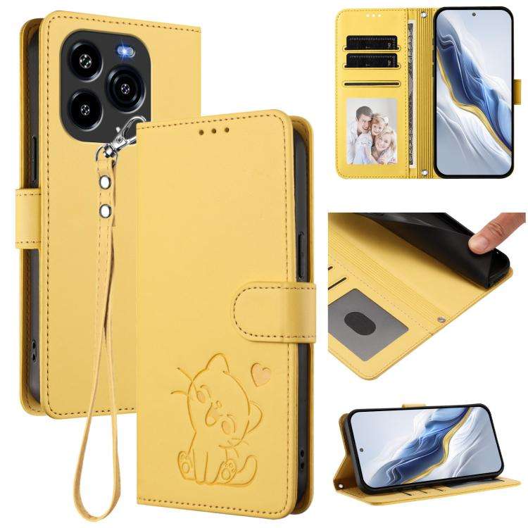 For Oukitel C65 / C65 Pro Embossed Heart Cat Leather Phone Case with Hand Strap(Yellow)