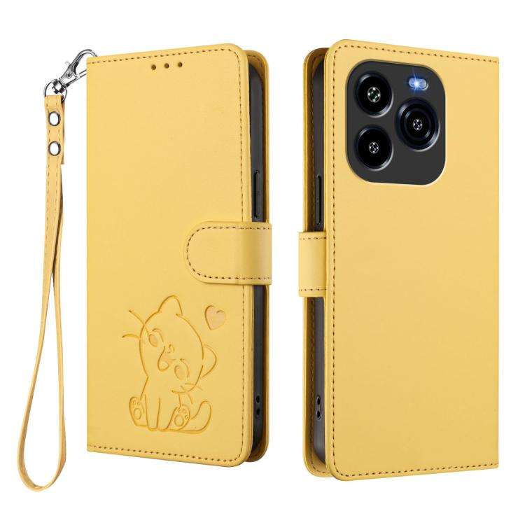 For Oukitel C65 / C65 Pro Embossed Heart Cat Leather Phone Case with Hand Strap(Yellow)