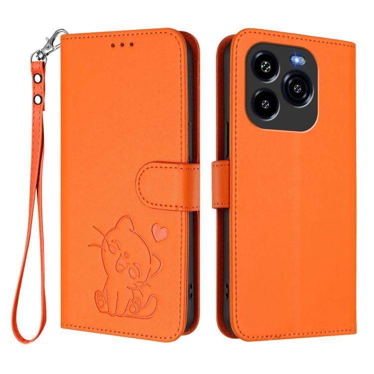 For Oukitel C65 / C65 Pro Embossed Heart Cat Leather Phone Case with Hand Strap(Orange)