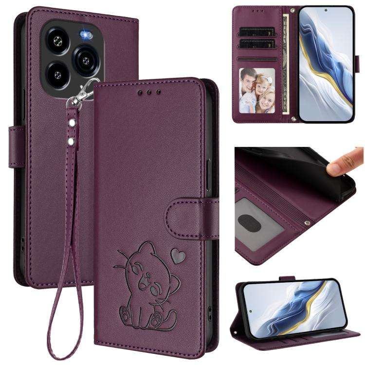 For Oukitel C65 / C65 Pro Embossed Heart Cat Leather Phone Case with Hand Strap(Dark Purple)