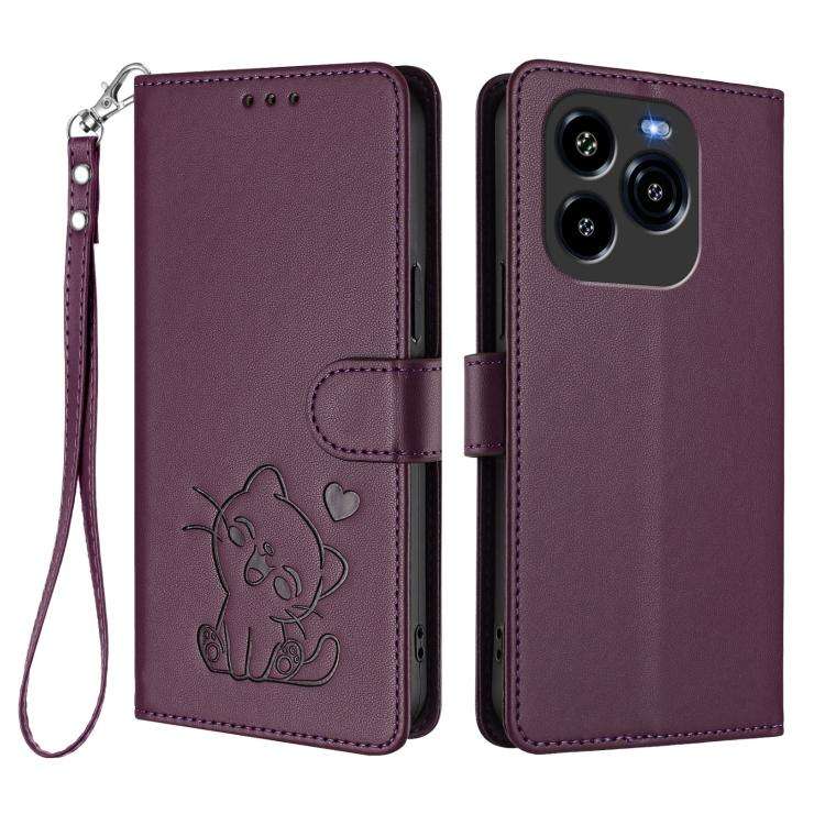 For Oukitel C65 / C65 Pro Embossed Heart Cat Leather Phone Case with Hand Strap(Dark Purple)