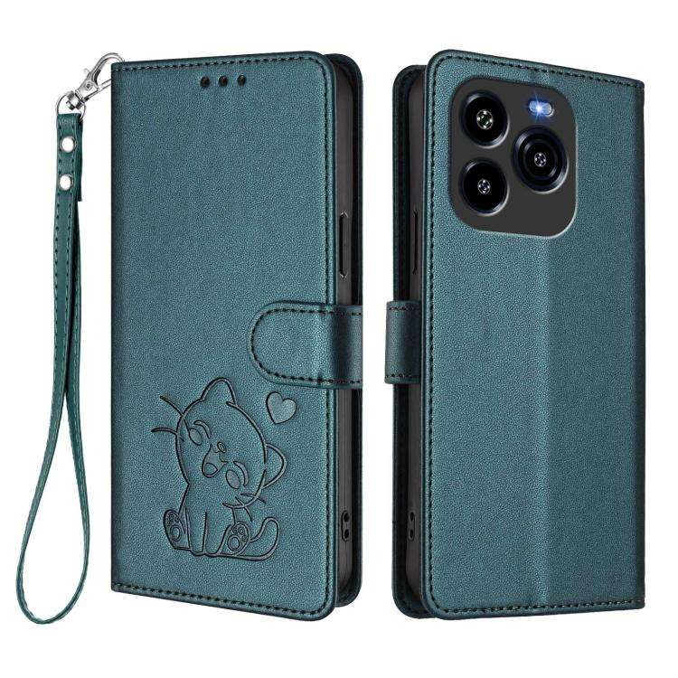 For Oukitel C65 / C65 Pro Embossed Heart Cat Leather Phone Case with Hand Strap(Dark Green)