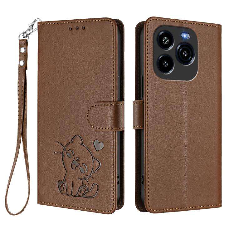 For Oukitel C65 / C65 Pro Embossed Heart Cat Leather Phone Case with Hand Strap(Brown)