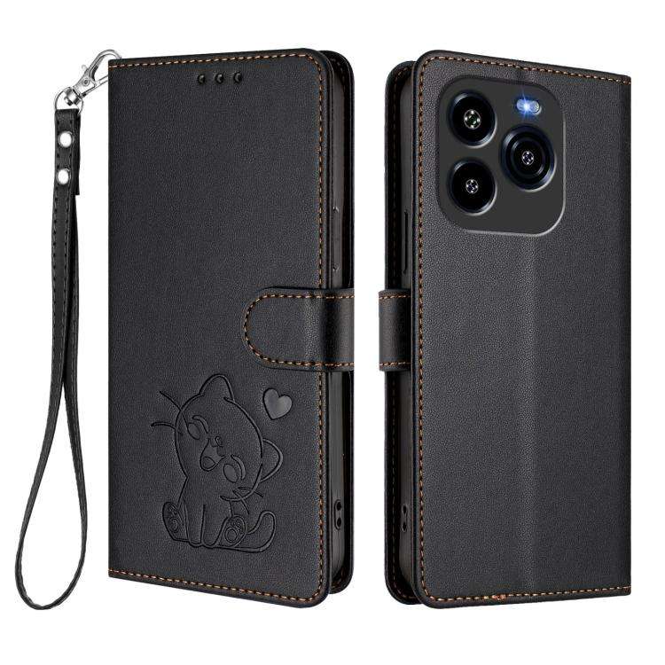 For Oukitel C65 / C65 Pro Embossed Heart Cat Leather Phone Case with Hand Strap(Black)