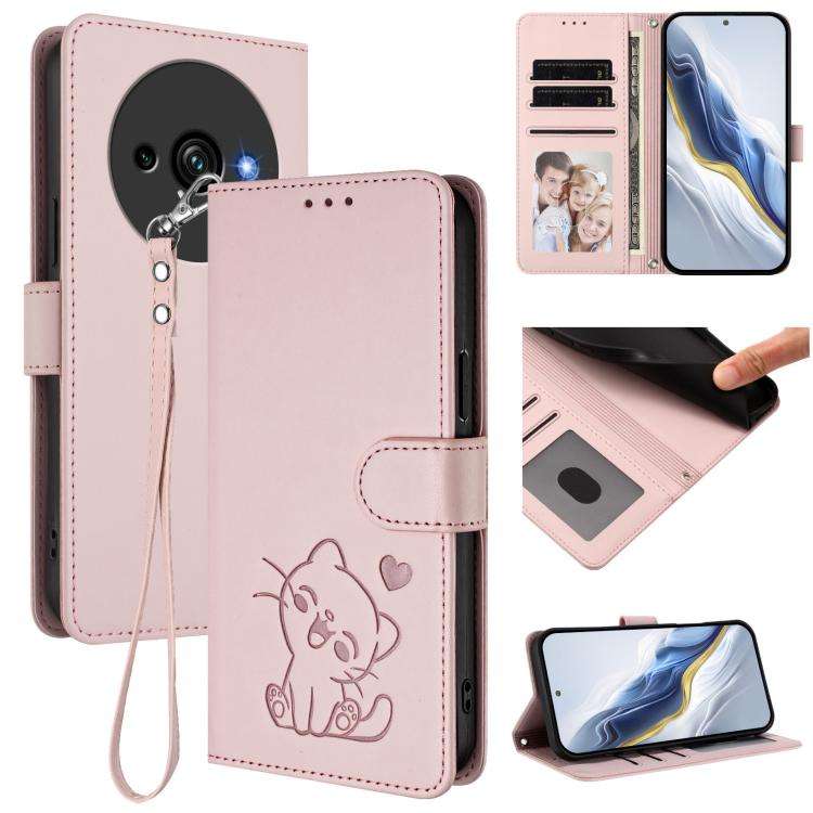 For Oukitel C59 / C59 Pro Embossed Heart Cat Leather Phone Case with Hand Strap(Pink)