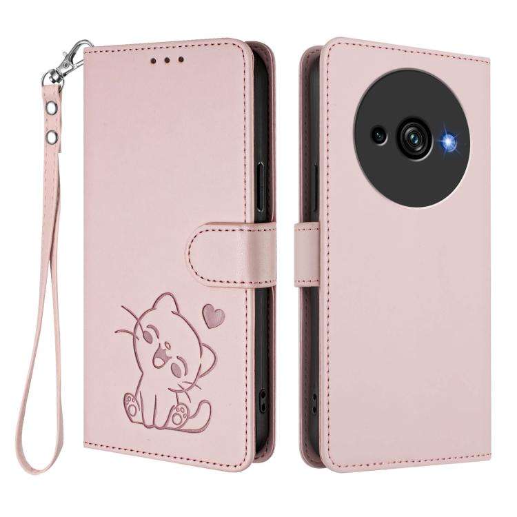 For Oukitel C59 / C59 Pro Embossed Heart Cat Leather Phone Case with Hand Strap(Pink)