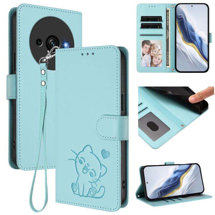 For Oukitel C59 / C59 Pro Embossed Heart Cat Leather Phone Case with Hand Strap(Mint Green)