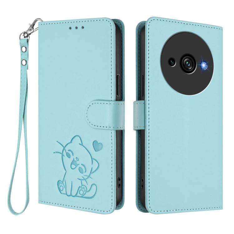 For Oukitel C59 / C59 Pro Embossed Heart Cat Leather Phone Case with Hand Strap(Mint Green)