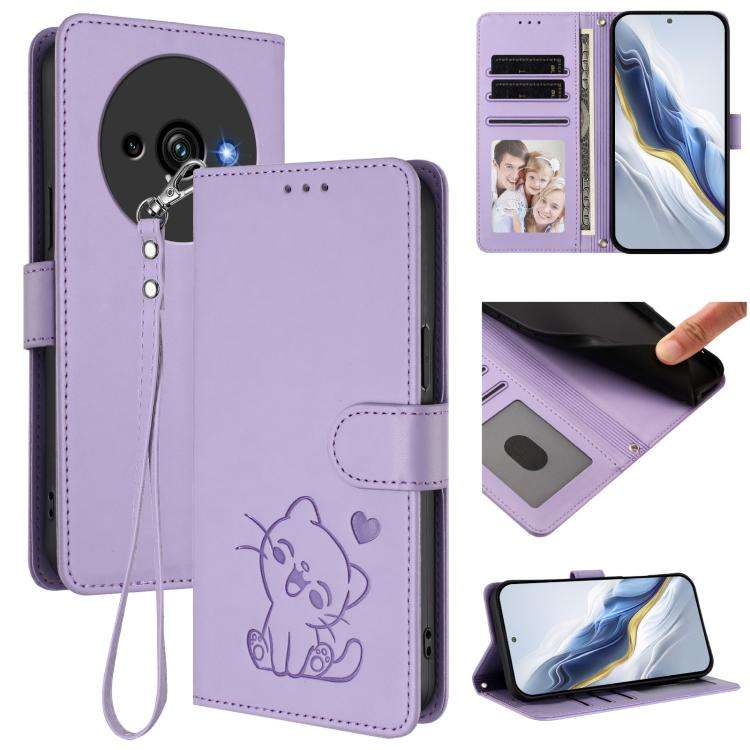 For Oukitel C59 / C59 Pro Embossed Heart Cat Leather Phone Case with Hand Strap(Light Purple)