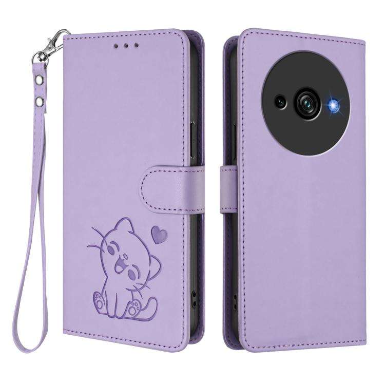 For Oukitel C59 / C59 Pro Embossed Heart Cat Leather Phone Case with Hand Strap(Light Purple)